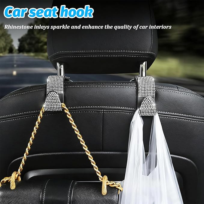 Zpana 4PCS Bling Car Seat Headrest Hooks, Vehicle Back Seat Purse Handbag Hanging Holder with Crystal Rhinestone, Diamond Storage Organizer Hook, Universal Automotive Accessories (Black/Pink)