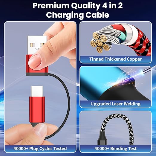 Travel Essentials 4in2 Multi Charging Cable for iPhone Watch Charger,USB A/C to Dual IP/Type C/iWatch Charger,Travel Chargers for Multiple Device Compatible with iWatch Series&iPhone 17-12/Android 5FT