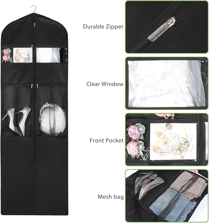 KEEGH Wedding Dress Garment Bag, 72” Tri-fold Bridal Dress Bags for Gowns, With Accessory Pockets and Adjustable Buckle Dress Cover for Wedding/Prom/Travel/Closet Storage (Black)