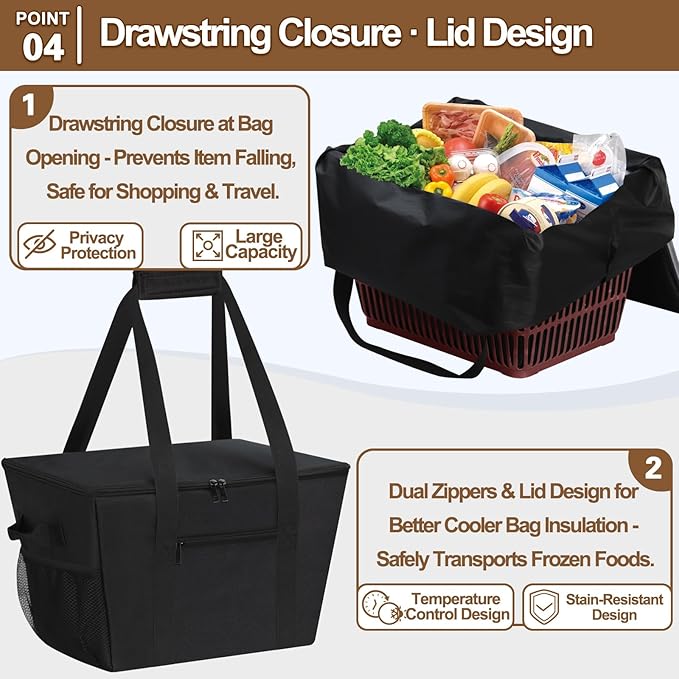 Reusable Grocery Bag – Expandable Insulated Cooler Bag with Bottom Board, Collapsible Insulated Shopping Bag with Zipper & Drawstring, Heavy Duty Tote Bag for Shopping, Delivery, Picnic, Beach