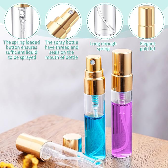 Zhehao 1 Pcs Mini Spray Bottles Clear Glass Perfume Bottles Refillable Fine Mist Perfume Atomizer Portable Empty Sample Containers for Cleaning, Essential Oils, Travel (Gold Cap,5 ml)