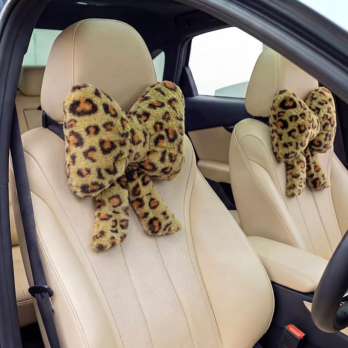 Macarrie 2 Pcs Car Neck Pillow Plush Butterfly Bow Car Headrest Pillow Comfortable Seat Neck Support Cute Head Rest Accessories for Driving Travel Driver Chair Girl Interior Decor(Green,Leopard)