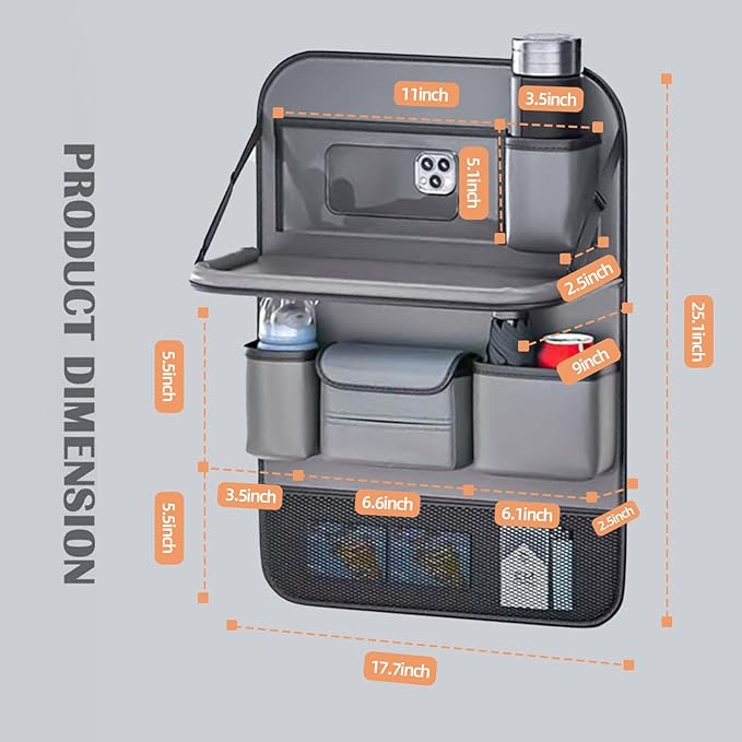 Waterproof PU Leather Car Seat Back Organizer with Foldable Tray Table, Backseat Organizer with Tablet Holder, Cup Holder, Tissue Holder and Kick Mat for SUV Sedan Minivan, Gray