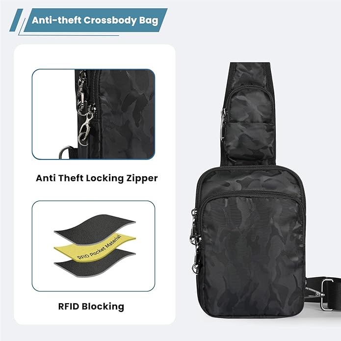 Sling Bag, Crossbody Bag with Zipper Lock, RFID & Water Resistant for Women and Men Small Chest Bag for Travel Casual