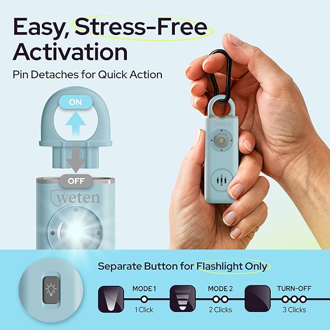 Weten Personal Safety Alarm for Women - 130dB Loud Panic Siren Keychain 3 Pack - Rape Whistle - LED Light, Carabiner Clip, Low Battery Alert, USB-C Charging Self Defense Alarm (Black Pink Blue)