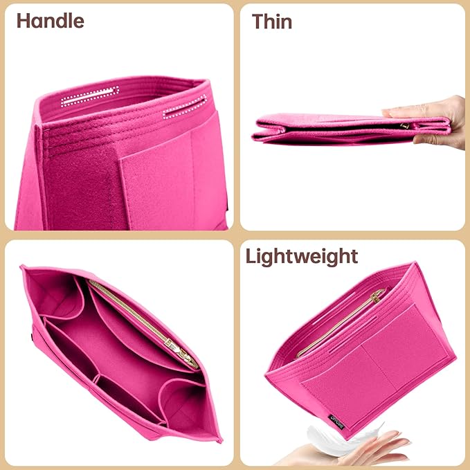 OPPOSHE Purse Organizer Insert for Longchamp Le Pliage, Premium Felt Long Champ Bag Handbag Women, Tote Organizer Insert with 9 Compartments (Medium, Rosy)
