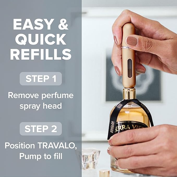 Travalo Classic HD Perfume Atomizer - Leak-Proof and TSA Approved for Air Travel - Reusable, Airtight, Easy-Fill Mini Pump Sprayer - Lightweight, Elegant Design w/Volume Window - Gold 0.17oz
