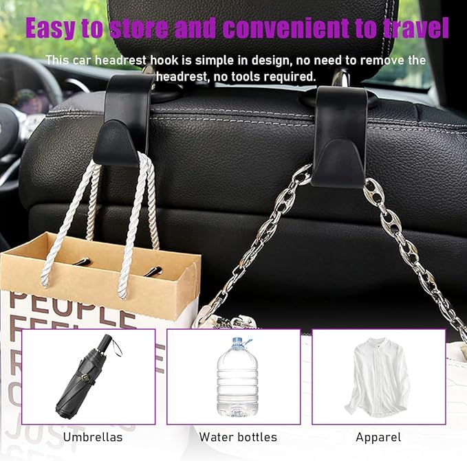 povtii 4 PCS Car Seat Headrest Hooks, Auto Backseat Organizer Hanger Holder, Vehicle Seat Back Storage Hooks for Purse Coat Umbrella Grocery Bag Handbag, Interior Car Accessories (Black)