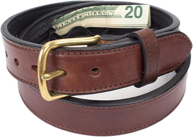 Yoder Leather Company Hidden Money Pocket Travel Belt English Bridle Leather with Zippered Secret Cash Pocket (Brown, 32" (Waist 30))
