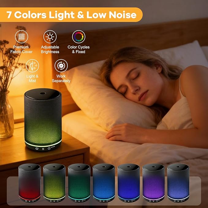 Essential Oil Diffuser with Fabric Cover 150ml Portable Aroma Diffuser Aromatherapy Oil Diffuser with 7 Colors LED, Scent Diffuser with Timer Function, Mini Humidifier for Bedroom Home Office