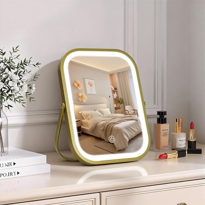 Rechargeable Travel Makeup Mirror, 8"×6" Small Vanity Mirror with Lights, 1500mAH Battery, 3-Color Lighting, Dimmable, 360° Rotation, Portable Desk Mirror with Storage Pouch, Travel Essentials (Gold)