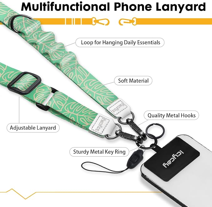 Icycay Phone Lanyard Crossbody, Green Tropical Leaves Cell Phone Strap for Around The Neck Adjustable, Teacher Anti Theft Cute Lanyard for ID Holder Keys Accessories Travel Essential