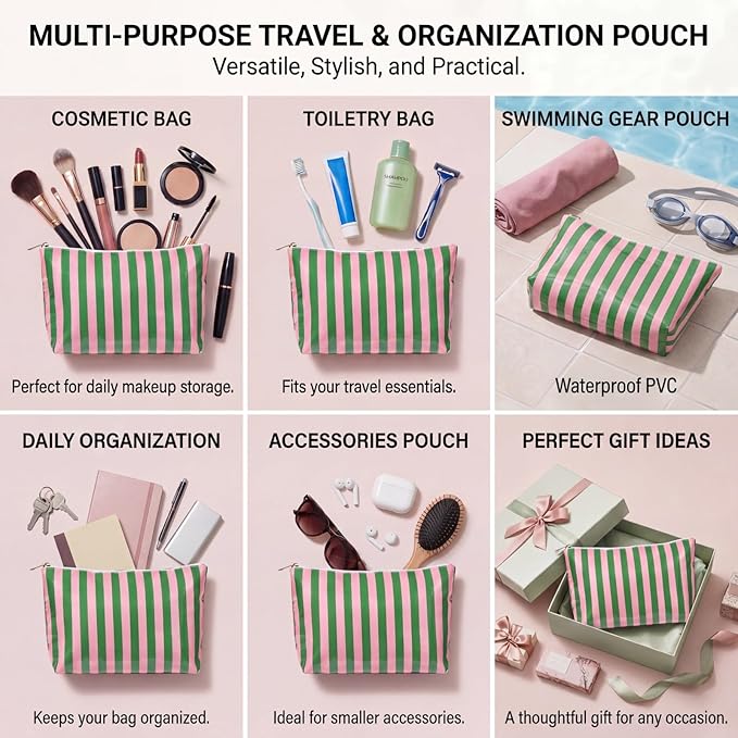 Large PVC Waterproof Striped Makeup Bag,Clear Coated Cosmetic Bags,Easy to Clean,Travel Organizer Zipper Pouch Beach Vacation Essentials for Women Girls(09Pink Green)