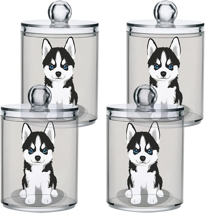 2 Pack Qtip Dispenser Apothecary Jars Dog Bathroom Organizer, Siberian Husky Puppy Qtip Holder Storage Canister Plastic Acrylic Jar for Cotton Ball/Swab/Rounds