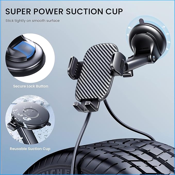 Phone Mount for Car Phone Holder [Military-Grade Suction & Stable Clip] Car Phone Holder Mount Windshield Dashboard Air Vent Universal Automobile Mount Fit for All Dash Mounting Kits iPhone