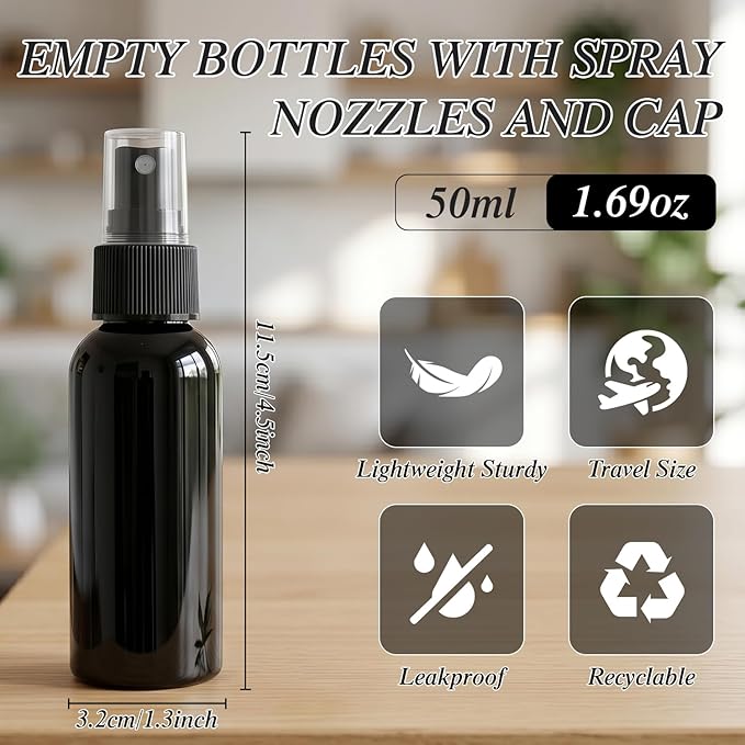 Travel Spray Bottle Set – 10 Pack 50ml (1.7oz) Empty Plastic Spray Bottles, Fine Mist Continuous Spray for Hair, Face Mist, Perfume & Toner, Refillable Travel Size Containers (Black)