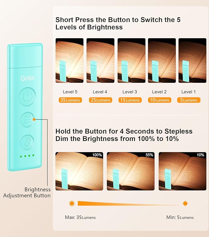 Gritin Book Light Rechargeable, Eye Caring 3-Color & 5-Brightness Clip on LED Reading Light for Books in Bed- Stepless Dimming, Long Lasting, Compact Size Flexible Book Lamp for Bookworms-Blue