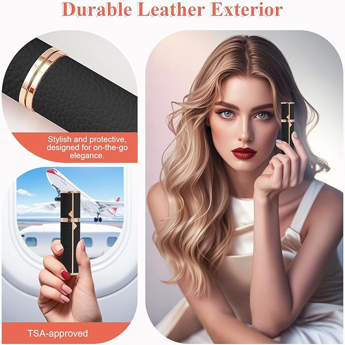 Refillable Travel Perfume Bottle – Fine Mist Atomizer, Bottom Fill, Genuine Leather Shell, TSA Approved, For Daily Refresh & Travel (Black, 5ml)