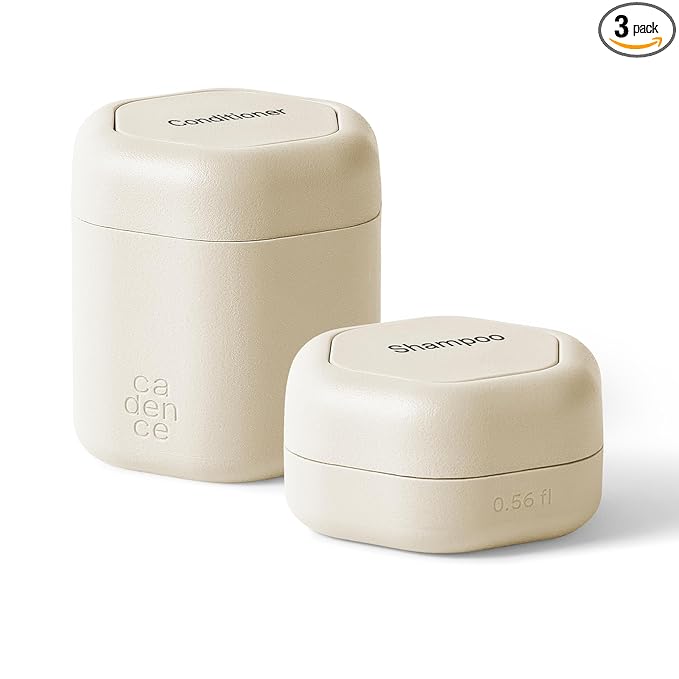Cadence Travel Containers Basic Skincare Set - Magnetic Containers with Lids,Carry On Travel Essentials For Women/Men - 3 Small Capsules (0.56oz) - Cleanser, Moisturizer & Sun-Icon Labels - Sand