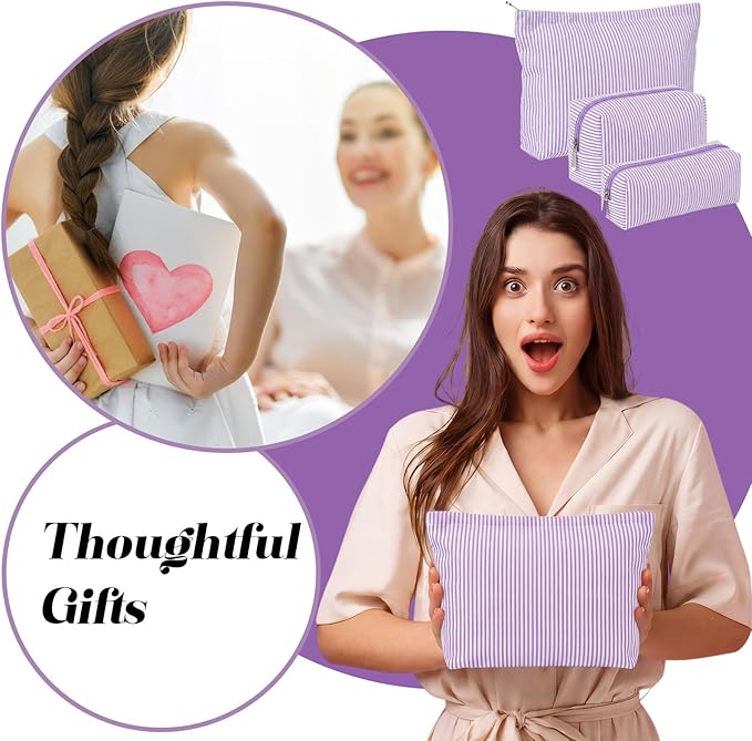 Huhumy 3 Pcs Makeup Bag Set Cute Stripe Cosmetic Pouch for Women Aesthetic Seersucker Travel Toiletry Bag Set Preppy Small Makeup Purse Pouch Cosmetic Organizer Pencil Case with Zipper(Purple)