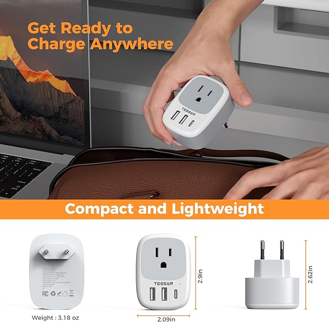 TESSAN European Travel Plug Adapter, Europe Power Adaptor 3 USB Ports (1 USB C), International Type C Outlet Charger to Most of EU Iceland Spain Italy France Germany (Not Voltage Converter)
