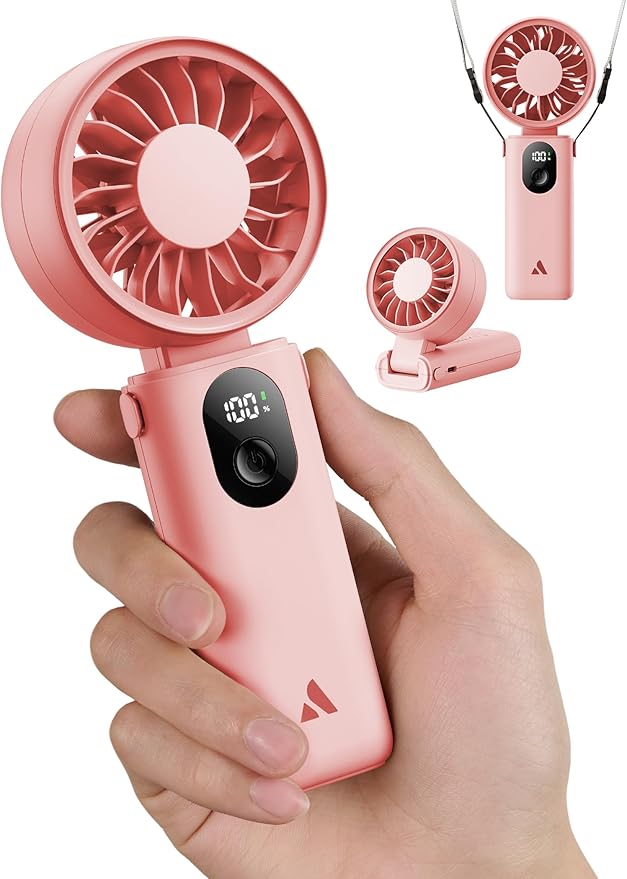 Aecooly Mighty Portable Handheld Fan | 20H Max Cooling Time | 3 Flexible Modes | 5 Speeds Wind | Battery Level Display | USB Rechargeable Mini Personal Battery Powered, Gifts for Women, Travel -Pink