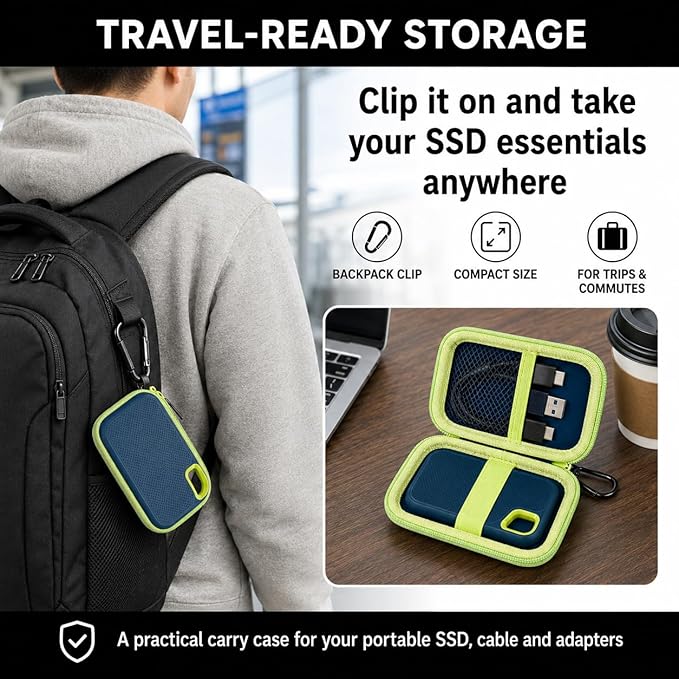 SSD Case for SanDisk Extreme Portable SSD & Extreme PRO, Hard Shell Protective Storage Bag with Carabiner, Fits 1TB 2TB 4TB 8TB External Solid State Drive for Business Travel (Green)