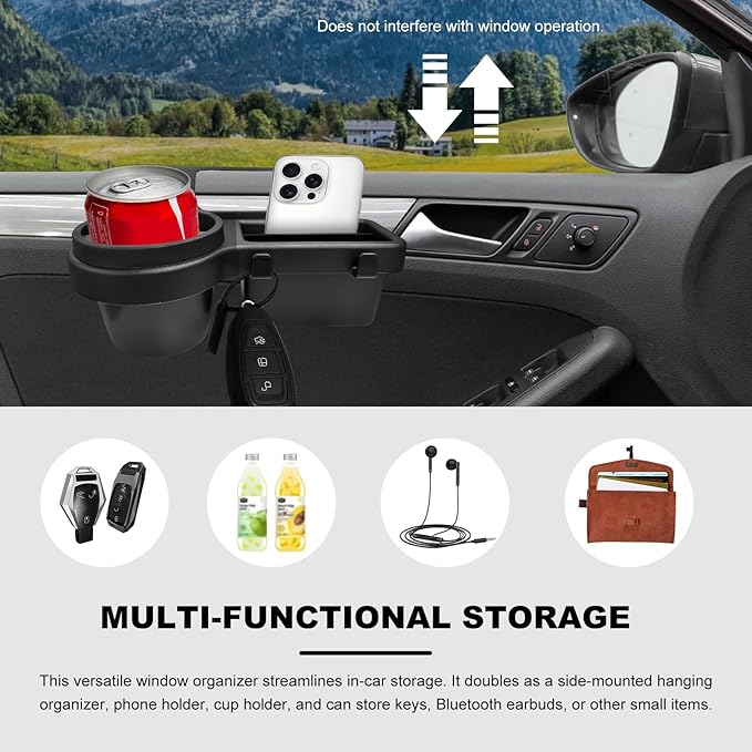 2 PCS Car Window Multifunctional Storage Organizer, Vehicle Door Side Hanging Storage Rack with Cup Holder, Auto Window Mount Organizer for Cell Phone Earphone Key Water Cup