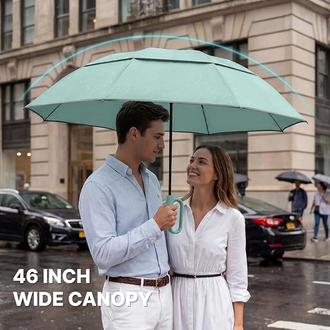 G4Free 46inch Ring Buckle Umbrella, Inverted Design with Carabiner Handle, Compact Travel Umbrella with Reflective Strip, Automatic Windproof for Rain