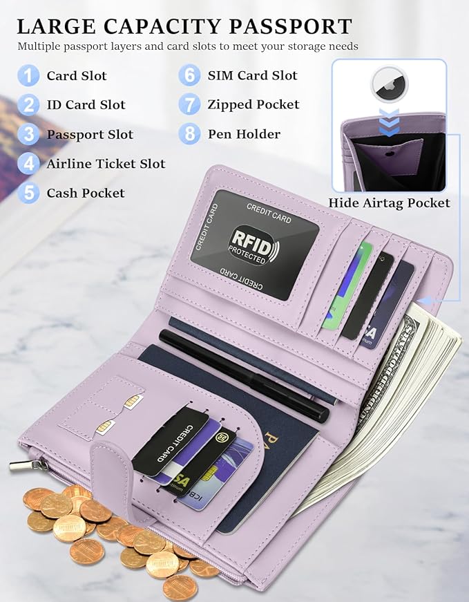 RFID Passport Holder for Women/Men Travel Gift, Large Capacity Passport Wallet, Family Travel Documents Organizer with Card/Airtag Slots, Zipper coin pocket, Cash Holder Passport Cover Case(Purple)