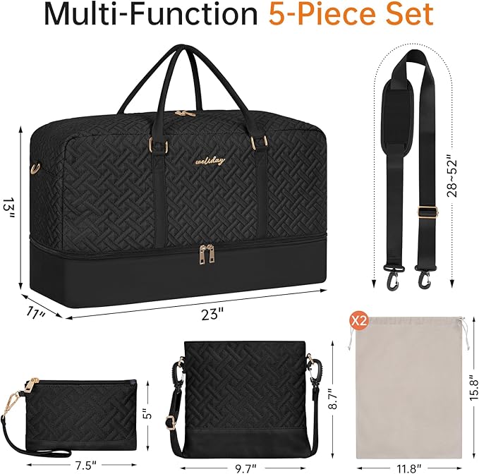 Weekender Bag for Women, 5 Pcs Set Carry on Overnight Bag, 23" Large Travel Duffel Bag with Waterproof Shoe Compartment for Weekend Travel Business Trip