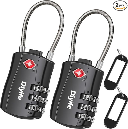 Diyife TSA Approved Luggage Locks, [2 Pack] 3-Digit Combination Security Flexible Cable Travel Lock, Resettable Code Lock with Zinc Alloy Body for Suitcases Travel Backpack Bag Case (Black)