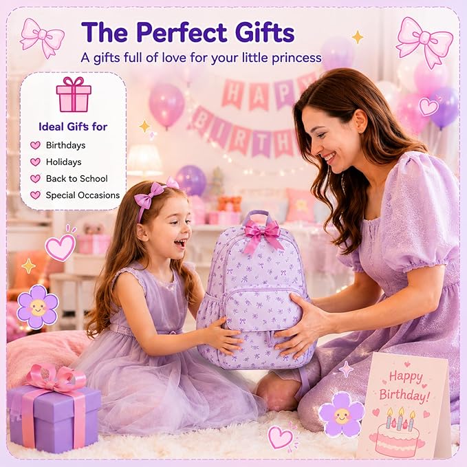 BTOOP Kids Backpack for Girls 4-6, Small Girls Backpack-Preschool Kindergarten School Bookbag with Insulated Lunch Compartment & Chest Strap for Girl (Purple-Bow, Age 3-6 (14.5" H Fit Folder))