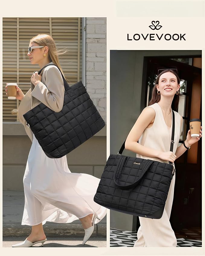 LOVEVOOK Laptop Tote Bag for Women, 17 Inch Large Puffer Work Computer Tote Bags for Teacher Nurse, Quilted Women's Purse Tote Shoulder Handbags with Zipper for Travel College Office Gym, Black