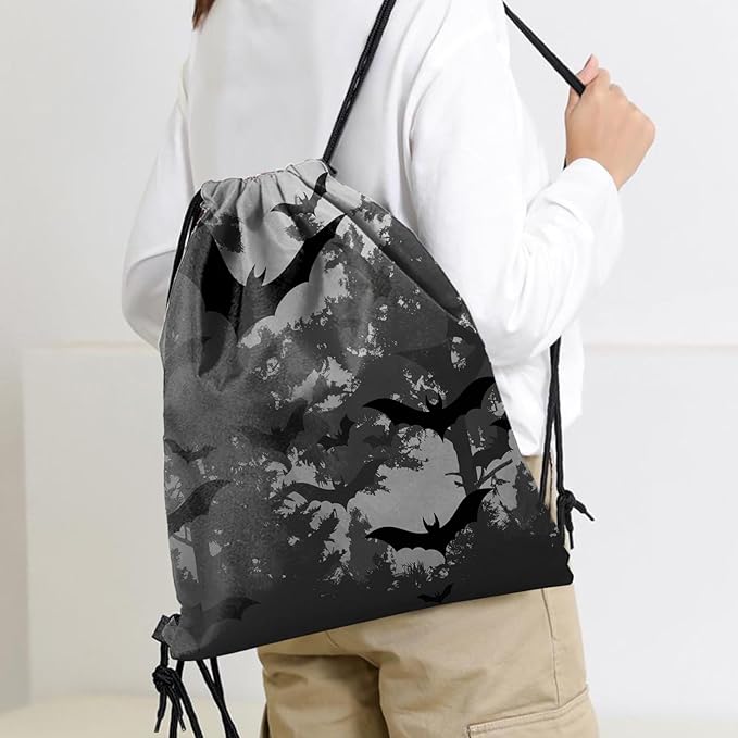 Drawstring Backpack Draw String Sports Bags for Gym Travel Beach Waterproof Cute Sackpack Men Women (13"×17")-Black Bat