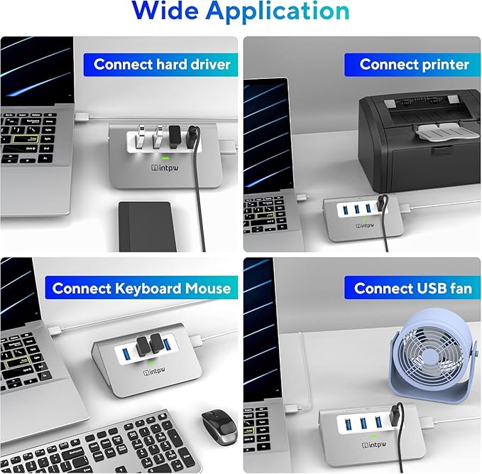 intpw USB 3.0 Hub, Aluminum 4 Port USB Data Hub 3.0 Port Extender Splitter Multiport Adapter with 3.3ft Cable ，USB HUB for PC/Laptop/Xbox/FlashDrive/Printer/Camera/Keyborad/Mouse
