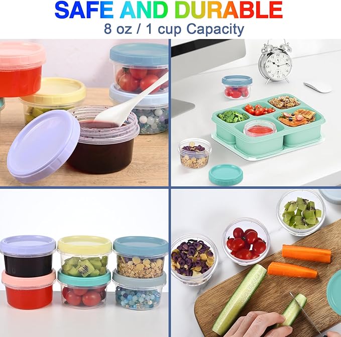 Yomarket 6pcs 8 oz Plastic Containers with Screw Lids, Reusable Clear Food Storage Containers with Pen and Brush for Snack Salad Fruit, Leakproof Small Freezer Containers, Microwave & Dishwasher Safe