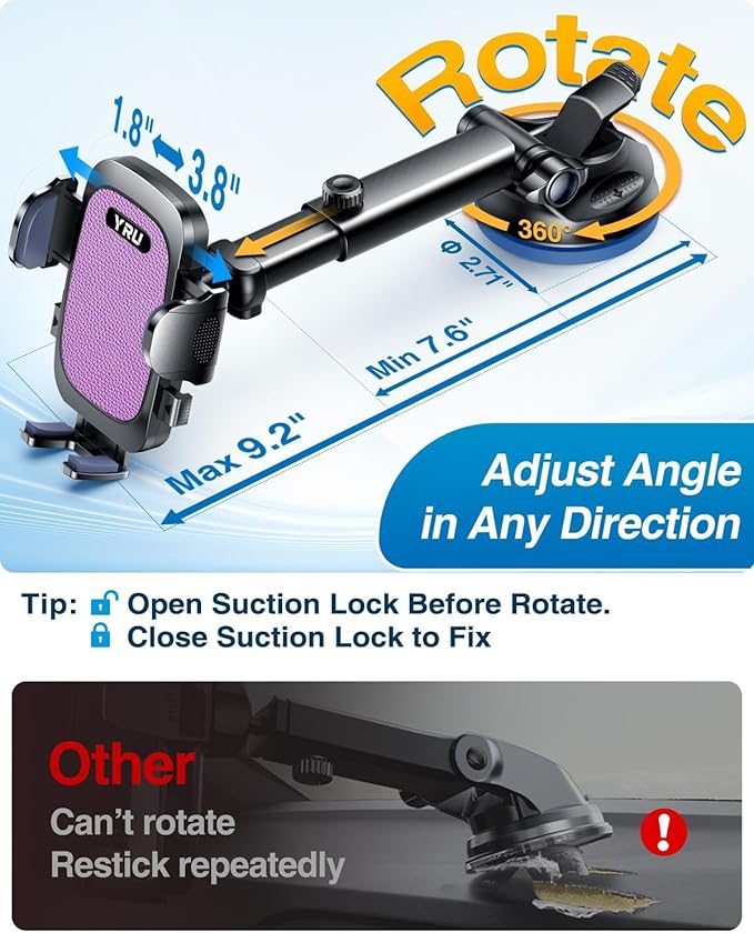 YRU True Military-Grade [360° Rotation Suction] 2026 Ultimate Car Phone Holder Mount 【90+LBS Safest Strongest & Patent Certs】 Dashboard Windshield Vent for iPhone 17 16 Pro Max Samsung, Purple