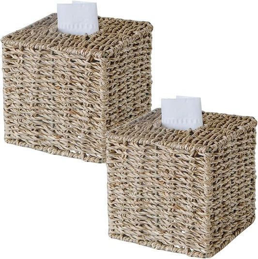 2 Pack Seagrass Tissue Box Cover, Wicker Tissue Box Holder Square, Hand Woven Cube Tissue Box Cover Tissue Holder for Bathroom Living Room Kitchen Office, Natural