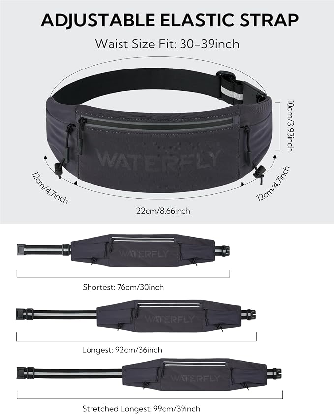 WATERFLY Running Belt Fanny Pack: Breathable 3 Pocket Waist Bag for Men Women Workout Exercise Fitness Phone Holder Fits All Phones - Runner Marathon Jogging Race Belt with Bib Clip Dark Gray