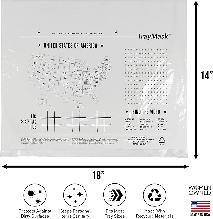TrayMask Disposable Tray Table Cover | Must Have Airplane Travel Essentials | Perfect for Toddlers, Kids and Adults Travel Accessories | Provides a Fresh/Clean Layer of Protection | 20 Pack