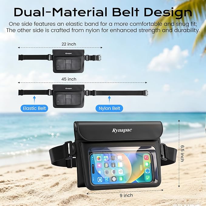 Rynapac 2 Pack Waterproof Fanny Pack for Woman Man, IPX8 Swimming Dry Belt Bag, Passport Wallet Phone Pouch Double Space, Elastic Waistband, Beach Cruise Vocation Essentials 2026
