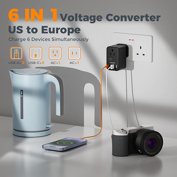 TESSAN 220 to 110 Voltage Converter US to Europe, International Power Adapter with 4 USB Ports(2 USB C), 2 AC and EU/UK/AU Plug Universal Power Converter Adapter Combo, Step Down Transformer Black