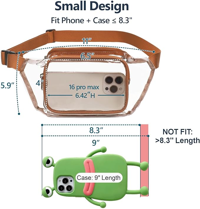 Veckle Clear Fanny Pack Stadium Approved - Adjustable 33-47 Inch Strap, Transparent Belt Bag for Women Men Fits 7.5-inch Smartphone, Waist Bag Clear Bag for Stadium Events, Sport, Concerts, Brown