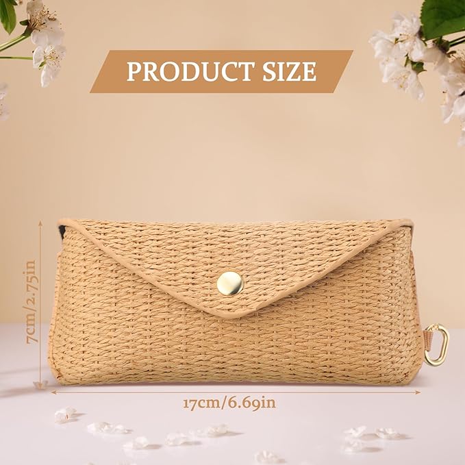 Leinuosen Woven Straw Sunglasses Case with Clip, Hard Shell Boho Rattan Pouch, Portable Travel Beach Accessory for Women Girl