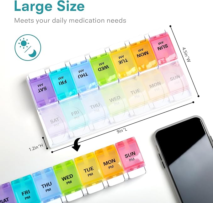 Sukuos AM PM Weekly 7 Day Pill Organizer, 2 Times A Day Pill Box with Arthritis Friendly Push Button, Medicine Cases for Vitamin/Fish Oil/Supplements, Easy to Clean (Purple&Blue)