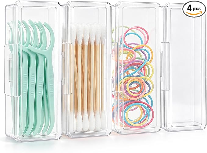 4 Pcs Cotton Swab Holder, Travel Portable Floss Pick Dispenser, Hair Tie Organizer, 4.1 x 1.8 x 1", Small Plastic Box with Lid