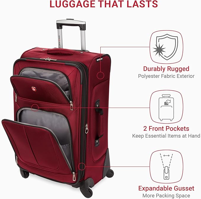 SWISSGEAR Sion Softside Expandable Spinner Luggage Durable Lightweight Travel Suitcase, Burgundy, Checked-Medium