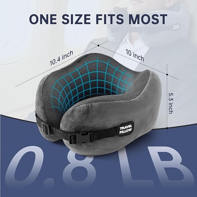 Neck Pillow Travel Pillow - 100% Pure Memory Foam Airplane Pillow with Adjustable Clasp & Removable Cover, Portable Travel Essentials for Long Flights, Car & Office (Dark Gray)