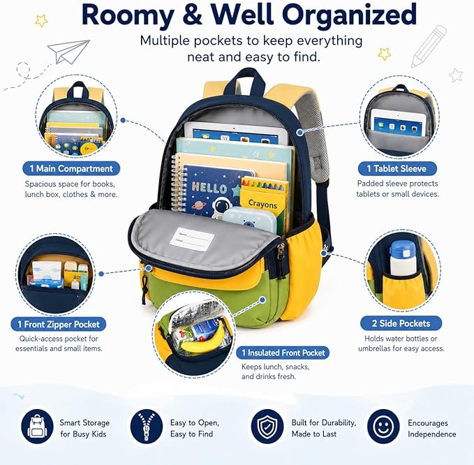 BTOOP Kids Backpack for Boys 3-6, Preschool Kindergarten Backpack with Insulated Lunch Compartment & Chest Strap, Cute Lightweight School Travel Bag Fits A4 Folder